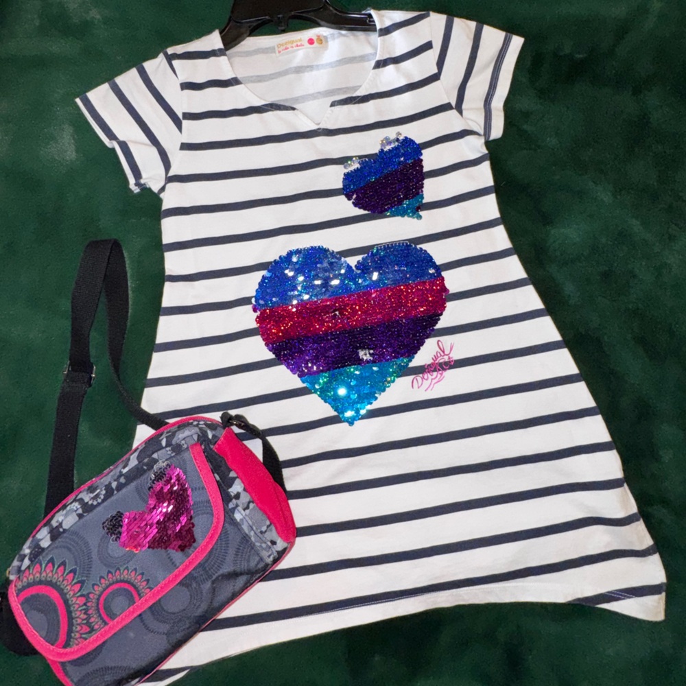 Desigual Girls White & Navy B. Striped Dress with Flippable Sequins & Purse Set